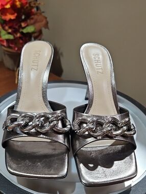 SCHUTZ Metallic Silver Chain-Embellished Slide Mules